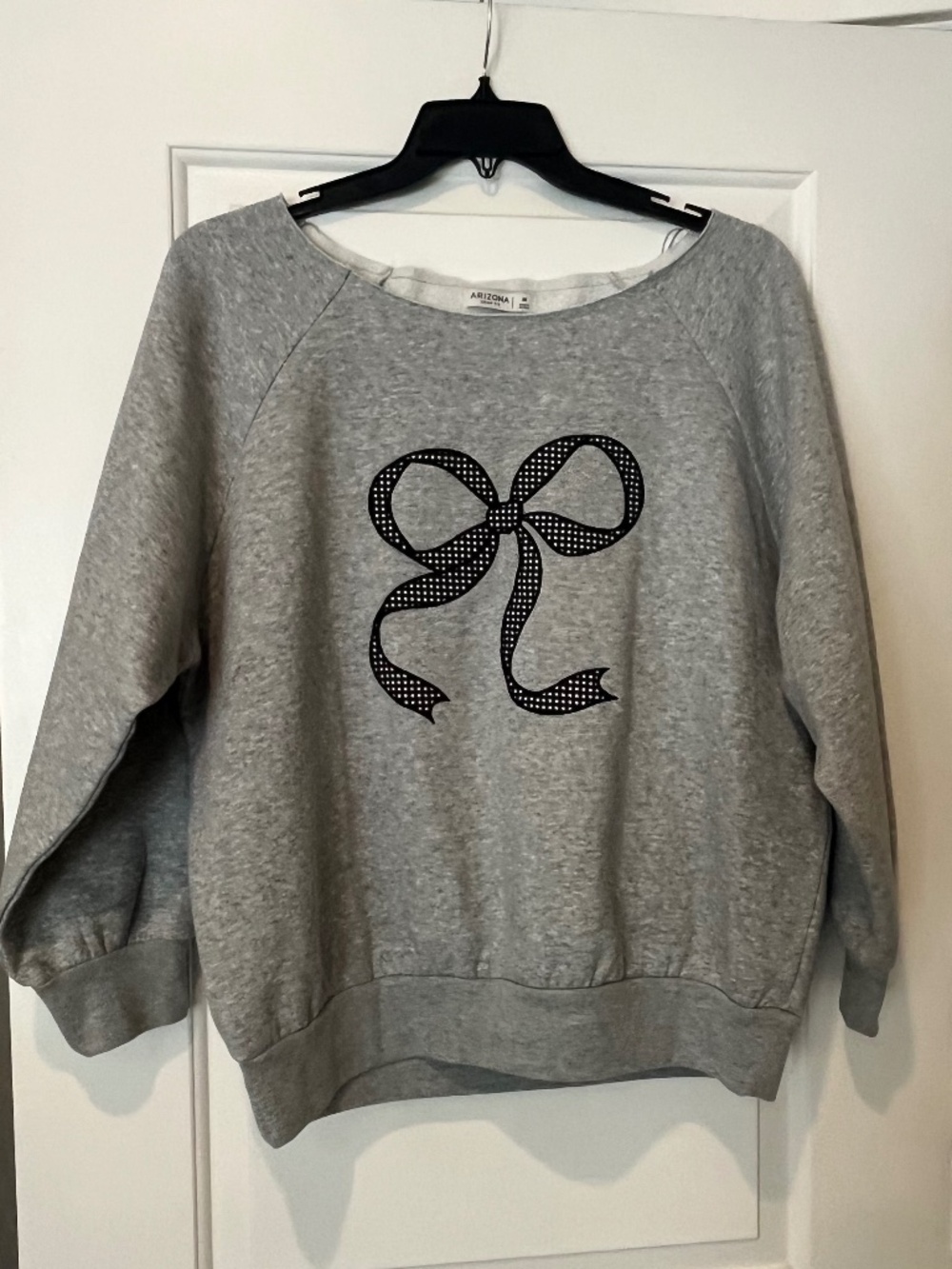 Heather Grey Black Ribbon Bow Graphic Sweatshirt SzM Preppy Clean Girl Oversize